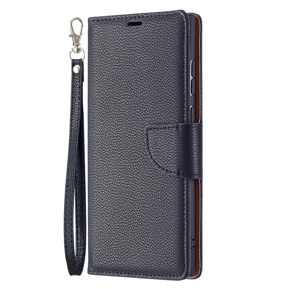 Litchi Texture Solid Color PU Leather Wallet Stand Case Protective Phone Shell with Wrist Strap for Samsung Galaxy S22 Ultra - Blue-4