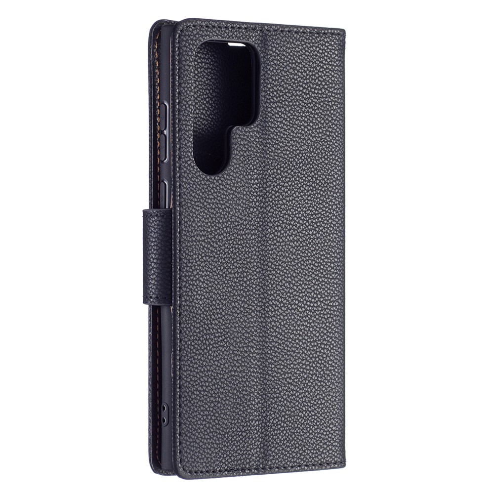 Litchi Texture Solid Color PU Leather Wallet Stand Case Protective Phone Shell with Wrist Strap for Samsung Galaxy S22 Ultra - Blue-5