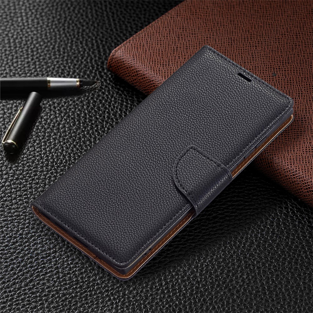 Litchi Texture Solid Color PU Leather Wallet Stand Case Protective Phone Shell with Wrist Strap for Samsung Galaxy S22 Ultra - Blue-7