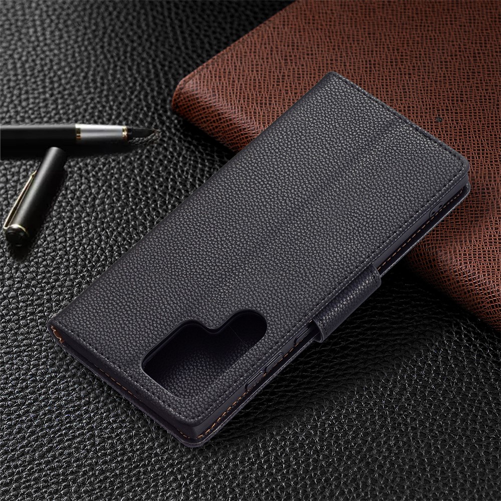 Litchi Texture Solid Color PU Leather Wallet Stand Case Protective Phone Shell with Wrist Strap for Samsung Galaxy S22 Ultra - Blue-8