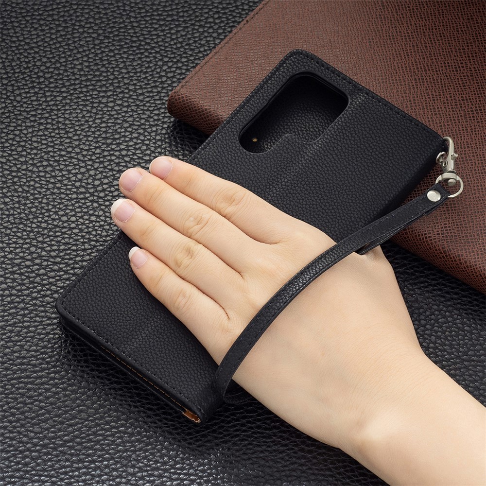 Litchi Texture Solid Color PU Leather Wallet Stand Case Protective Phone Shell with Wrist Strap for Samsung Galaxy S22 Ultra - Blue-9