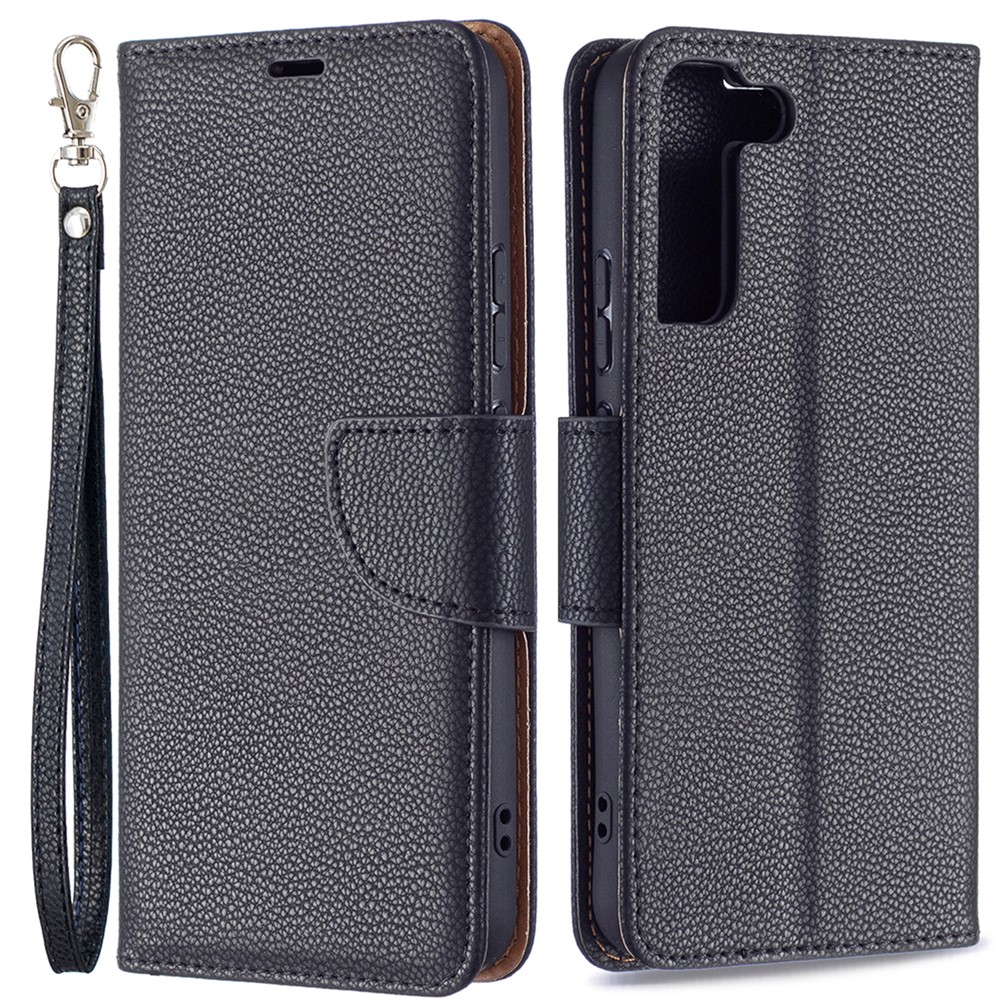 Litchi Texture Folio Flip Magnetic Closure Leather Case Cover with Wallet Stand for Samsung Galaxy S22 Plus - Black-1