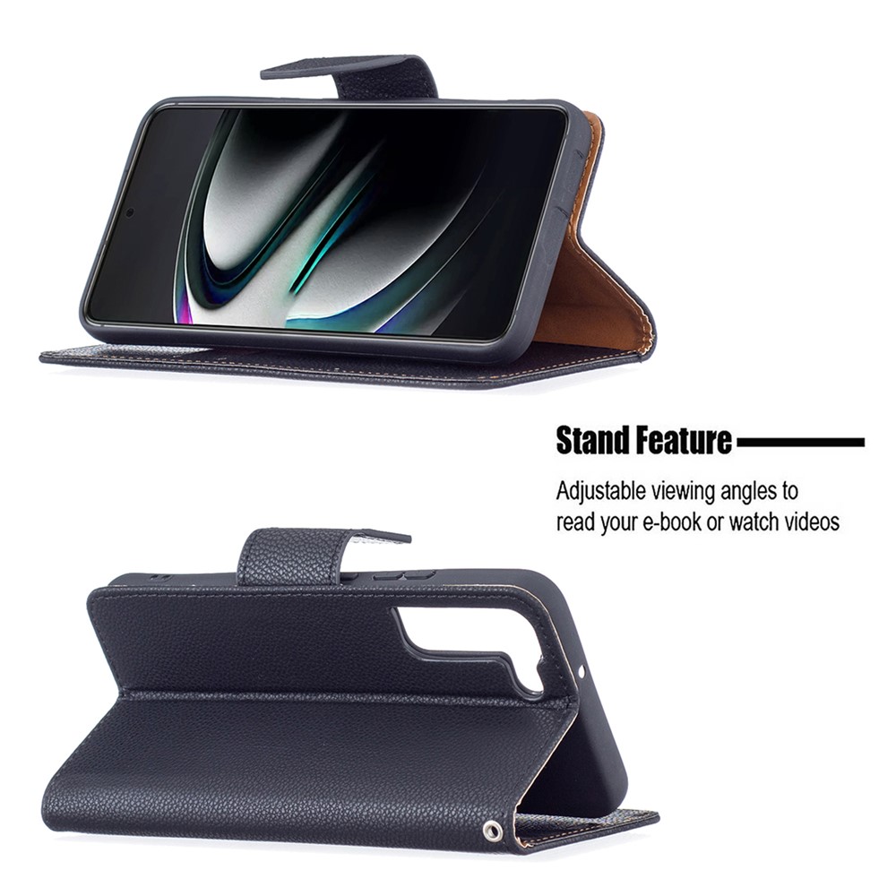 Litchi Texture Folio Flip Magnetic Closure Leather Case Cover with Wallet Stand for Samsung Galaxy S22 Plus - Black-2