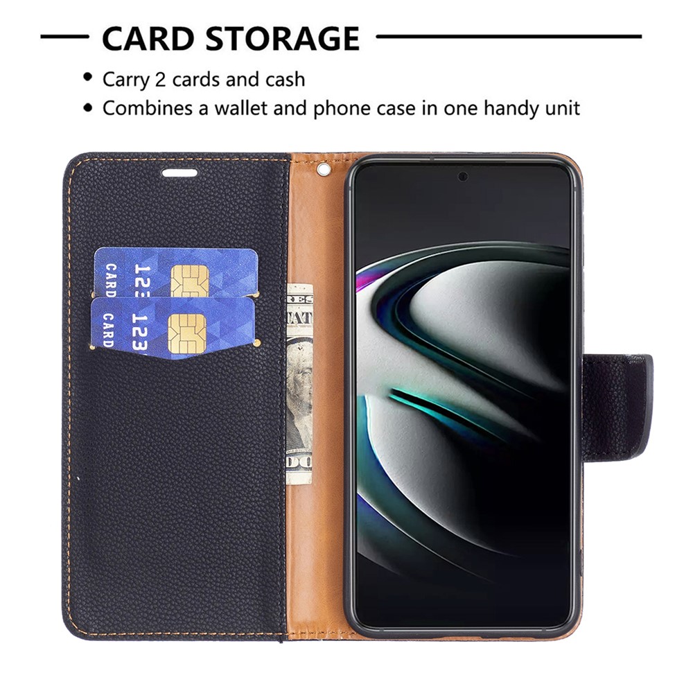 Litchi Texture Folio Flip Magnetic Closure Leather Case Cover with Wallet Stand for Samsung Galaxy S22 Plus - Black-3