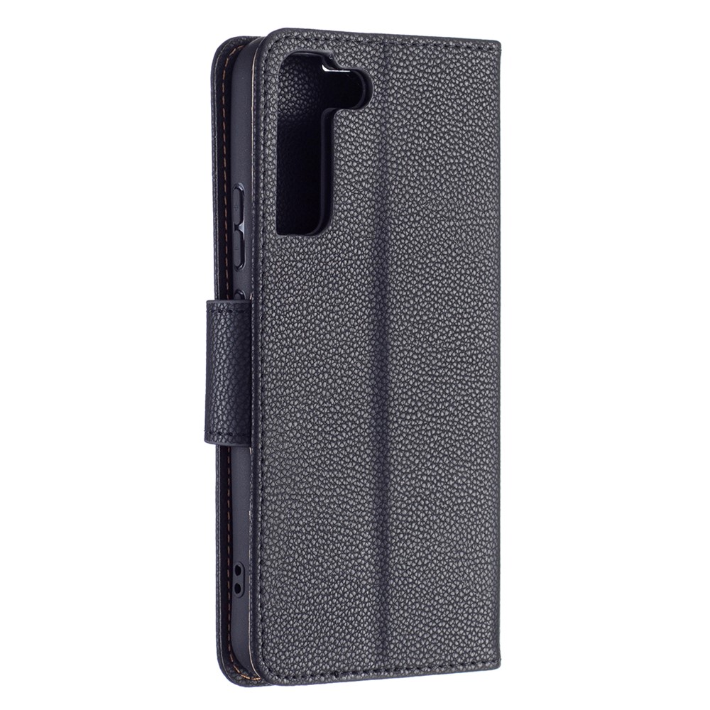 Litchi Texture Folio Flip Magnetic Closure Leather Case Cover with Wallet Stand for Samsung Galaxy S22 Plus - Black-5