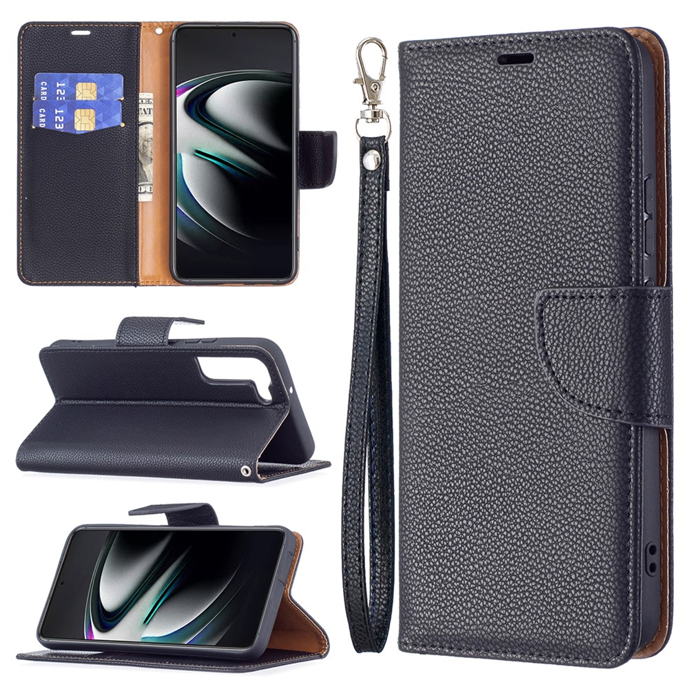 Litchi Texture Folio Flip Magnetic Closure Leather Case Cover with Wallet Stand for Samsung Galaxy S22 Plus - Black-6
