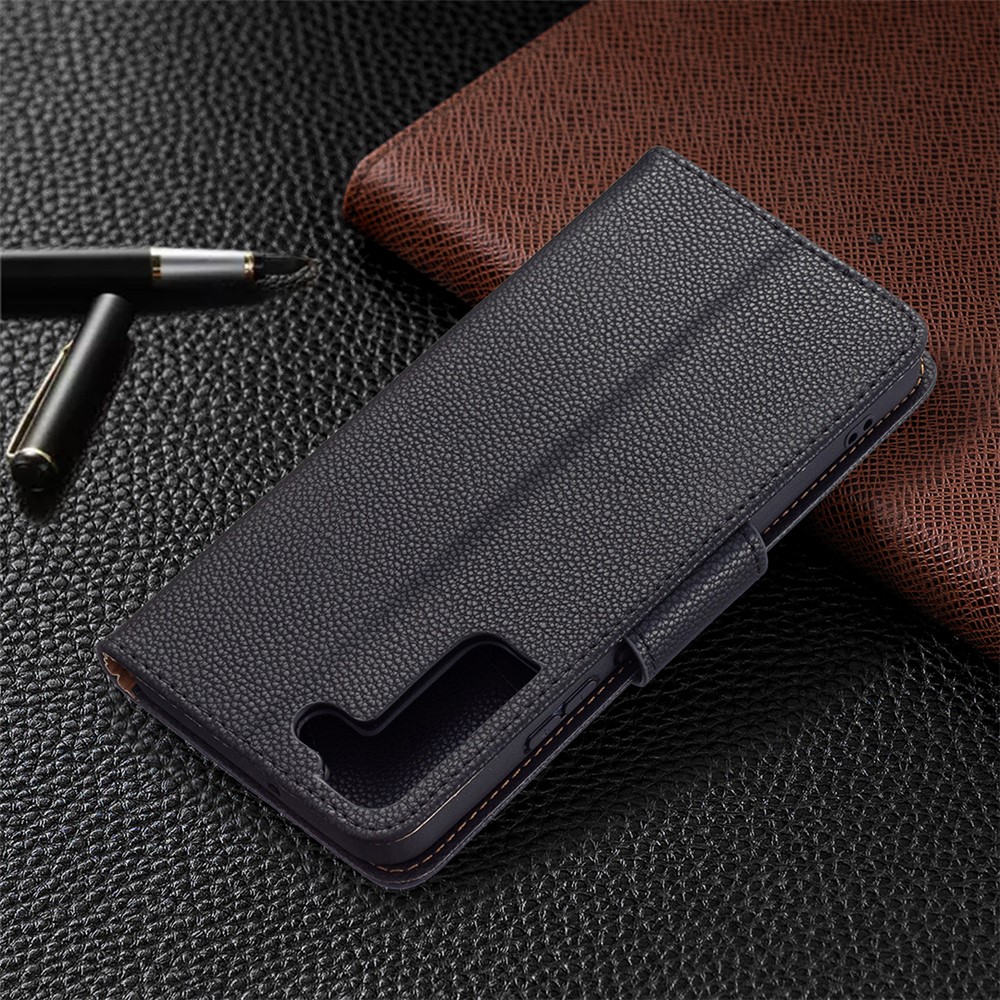Litchi Texture Folio Flip Magnetic Closure Leather Case Cover with Wallet Stand for Samsung Galaxy S22 Plus - Black-8