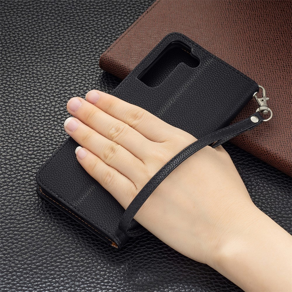 Litchi Texture Folio Flip Magnetic Closure Leather Case Cover with Wallet Stand for Samsung Galaxy S22 Plus - Black-9