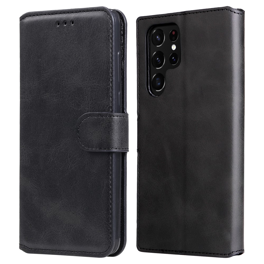 Wallet Stand PU Leather + TPU Full Protection Magnetic Clasp Phone Cover Case for Samsung Galaxy S22 Ultra - Black-1