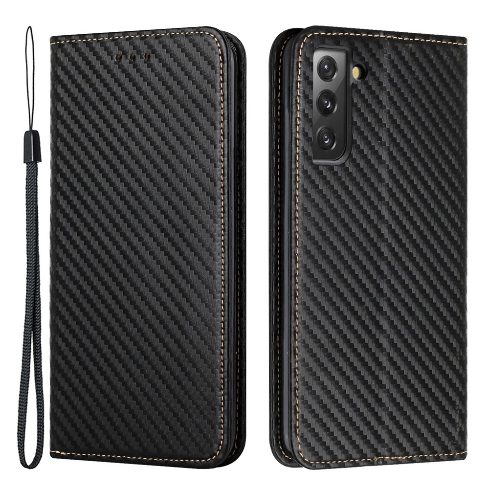 Solid Color Carbon Fiber Texture Magnetic Auto Closing Leather Cover Stand Wallet Phone Case for Samsung Galaxy S22 Plus - Black-1