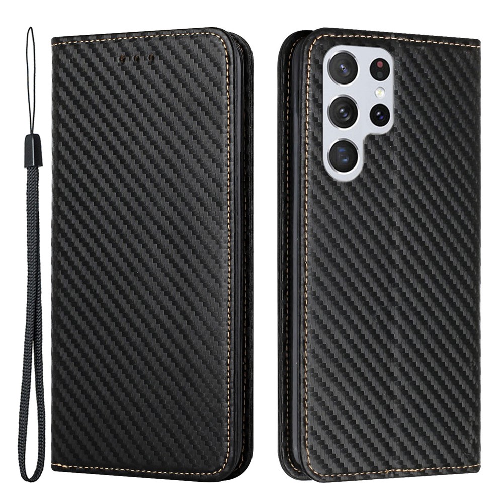 Magnetic Auto-absorbed Carbon Fiber Texture Stand Wallet Leather Phone Case with Wrist Strap for Samsung Galaxy S22 Ultra - Black-1