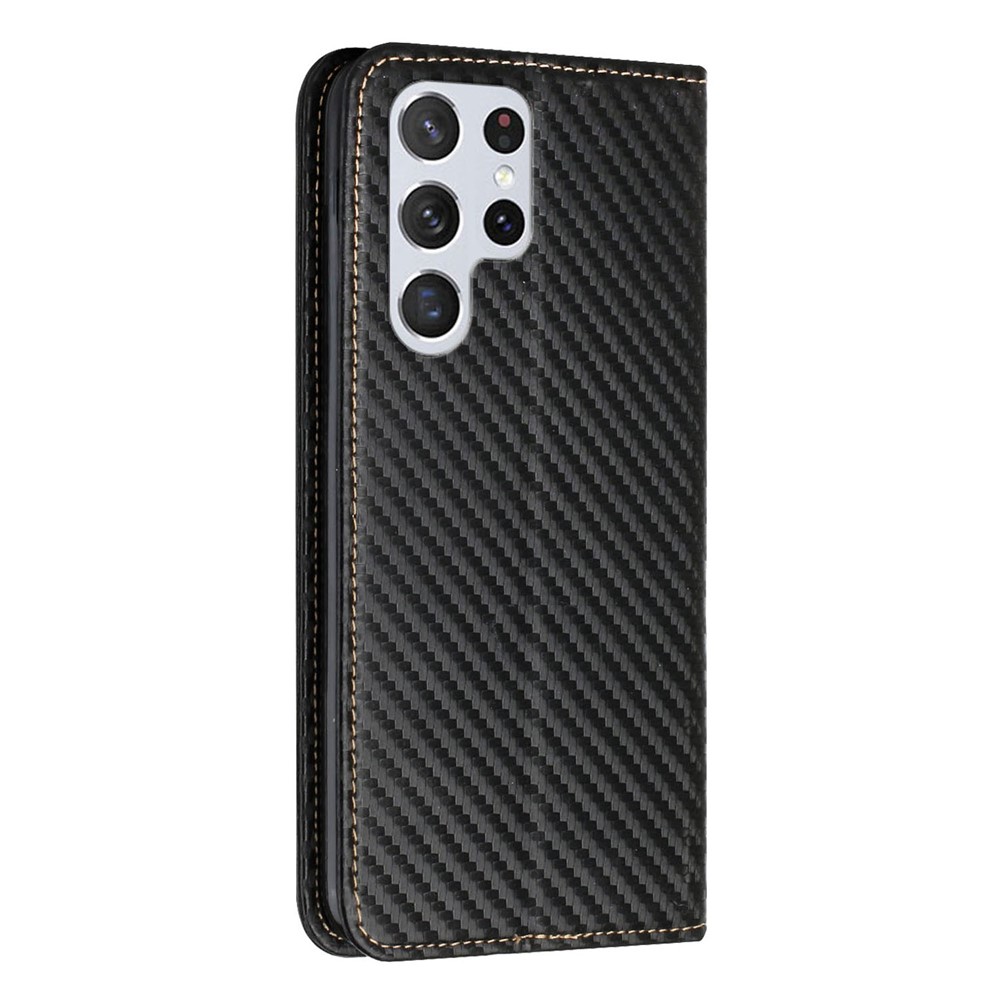 Magnetic Auto-absorbed Carbon Fiber Texture Stand Wallet Leather Phone Case with Wrist Strap for Samsung Galaxy S22 Ultra - Black-3