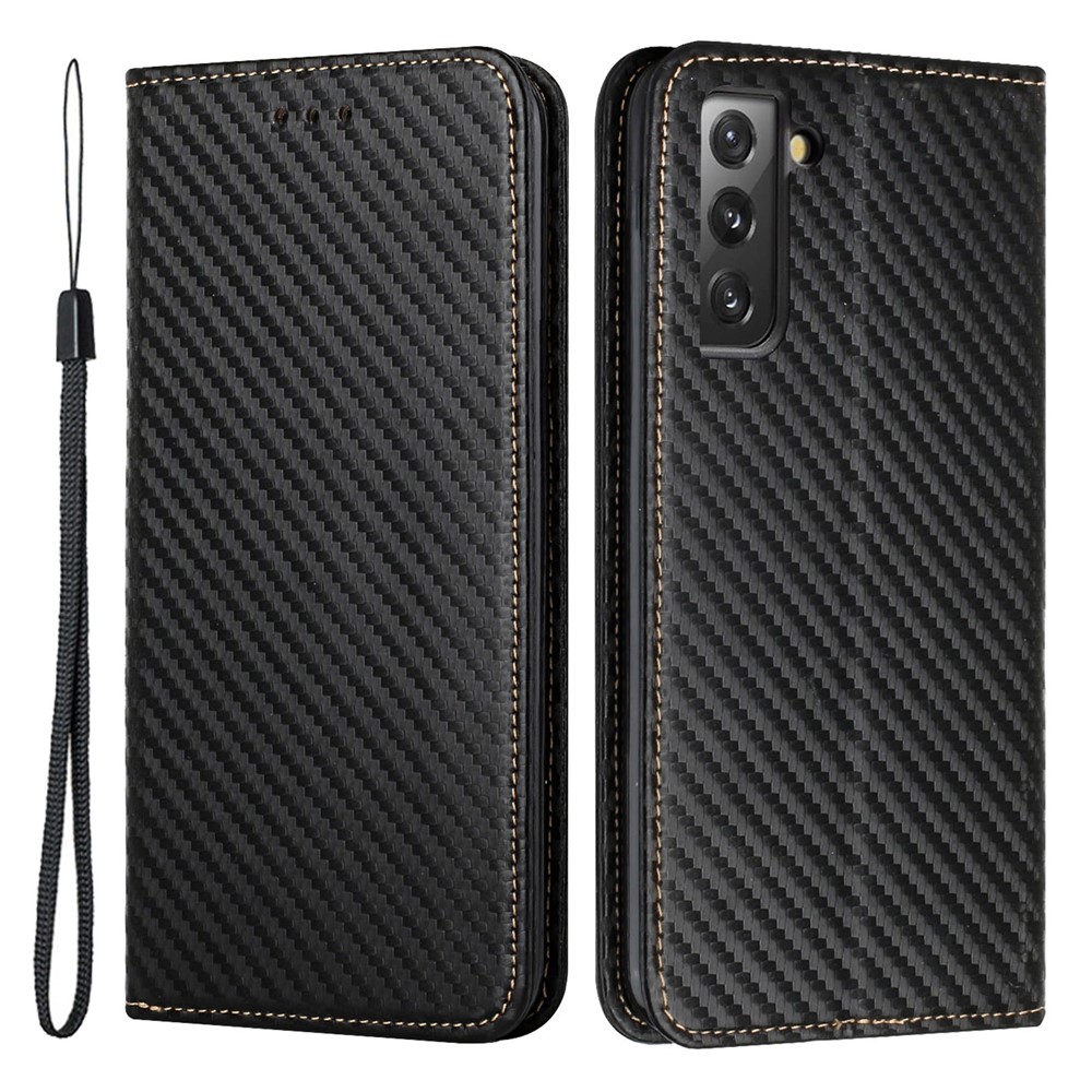 Carbon Fiber Texture Auto Closing Magnet Leather Stand Wallet Cover Phone Case for Samsung Galaxy S21 5G - Black-1