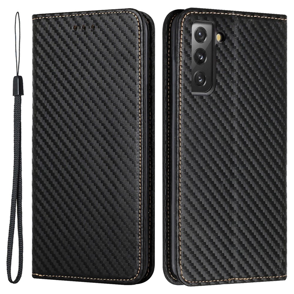 Carbon Fiber Texture Auto Closing Magnet Wallet Phone Shell Full Protection Leather Case with Foldable Stand for Samsung Galaxy S21+ 5G - Black-1