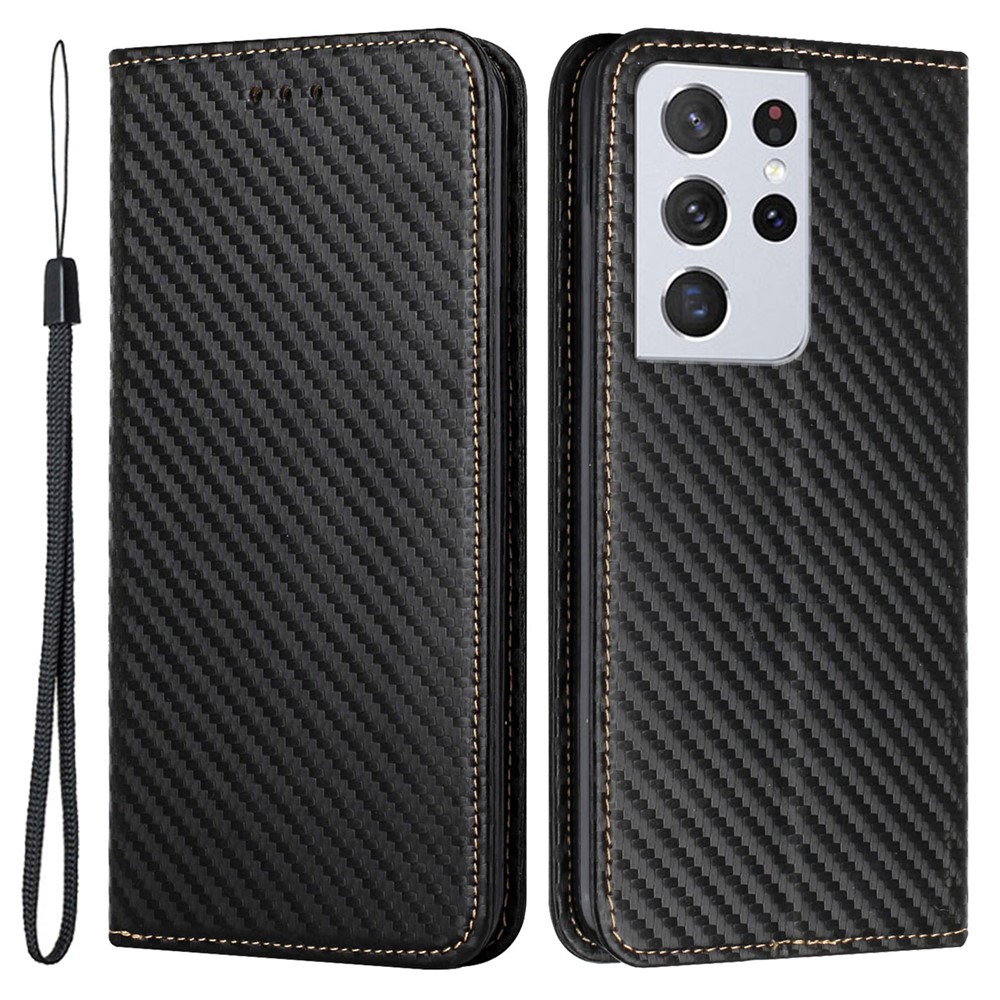 Carbon Fiber Texture Foldable Stand Shockproof Leather Wallet Case with Auto Closure Magnet for Samsung Galaxy S21 Ultra 5G - Black-1