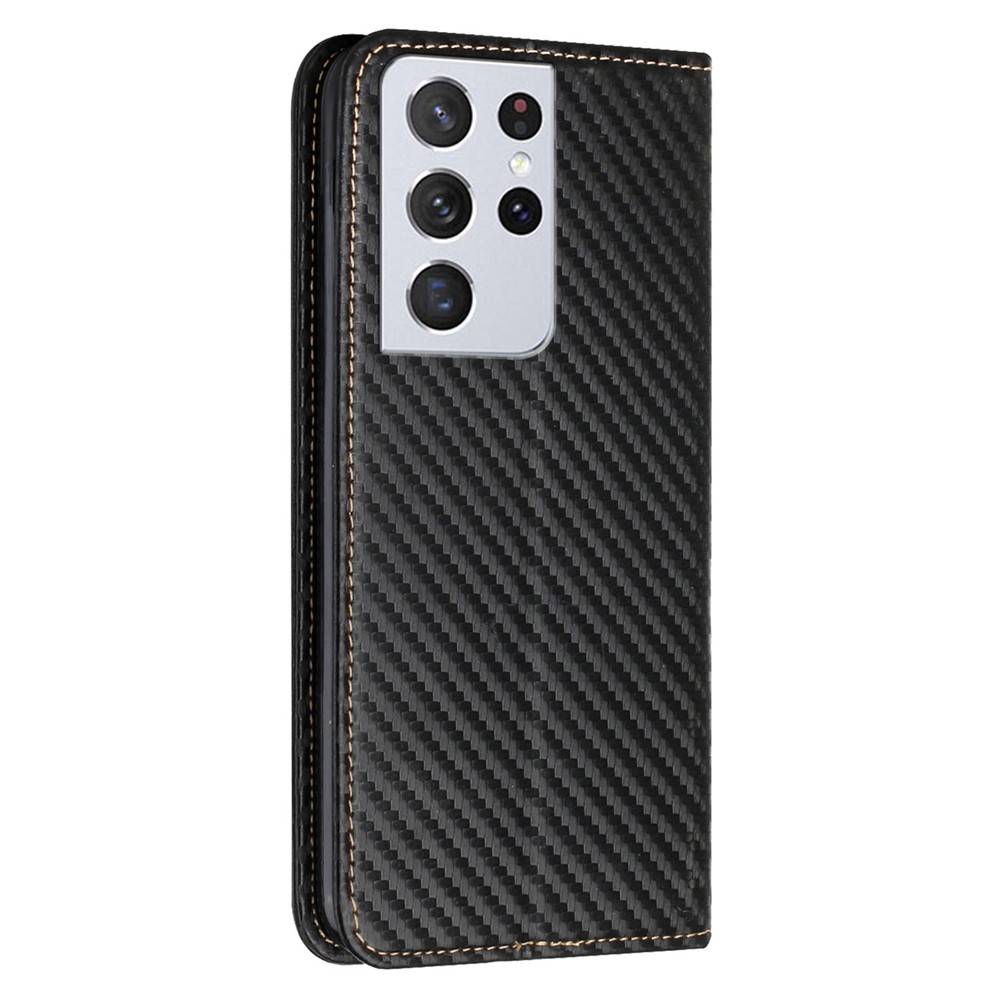 Carbon Fiber Texture Foldable Stand Shockproof Leather Wallet Case with Auto Closure Magnet for Samsung Galaxy S21 Ultra 5G - Black-3