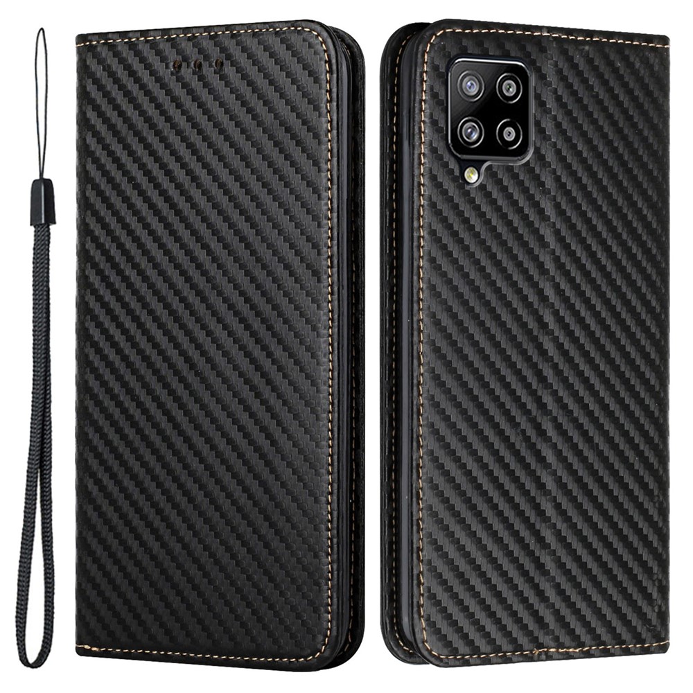 Phone Covering Hand Strap Design Carbon Fiber Texture Stand Wallet Design Auto-absorbed Leather Case for Samsung Galaxy A42 5G - Black-1
