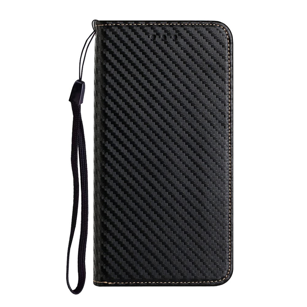 Phone Covering Hand Strap Design Carbon Fiber Texture Stand Wallet Design Auto-absorbed Leather Case for Samsung Galaxy A42 5G - Black-2