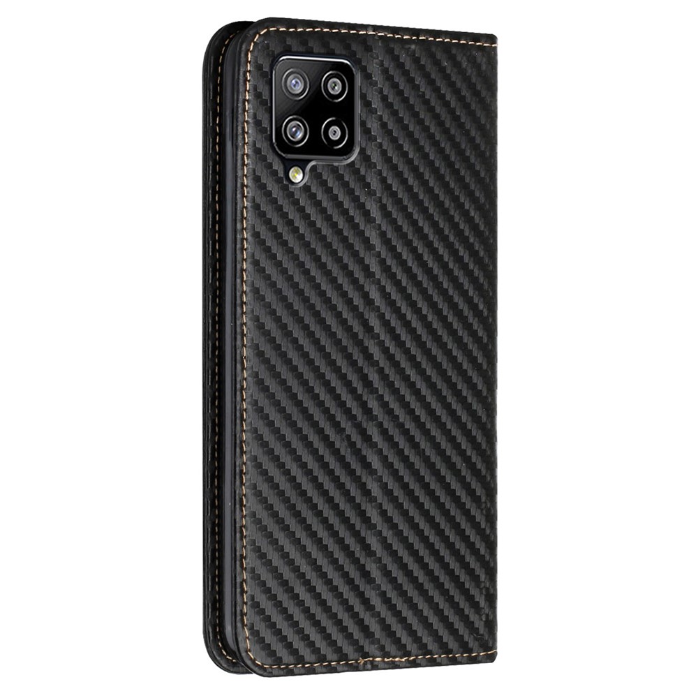 Phone Covering Hand Strap Design Carbon Fiber Texture Stand Wallet Design Auto-absorbed Leather Case for Samsung Galaxy A42 5G - Black-3