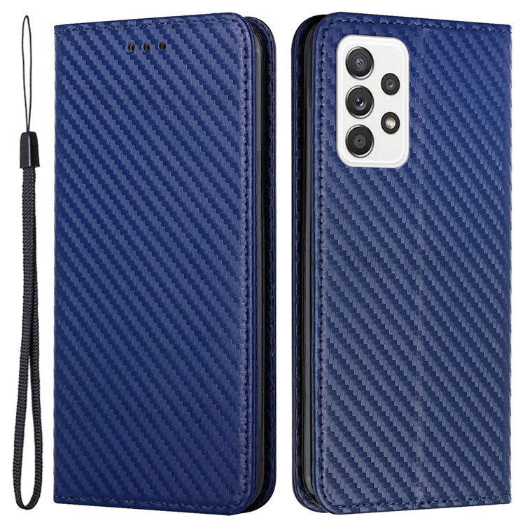 Auto-absorbed Carbon Fiber Texture Stand Wallet Leather Case Cover with Hand Strap for Samsung Galaxy A52 5G / A52s 5G / A52 4G - Blue-1