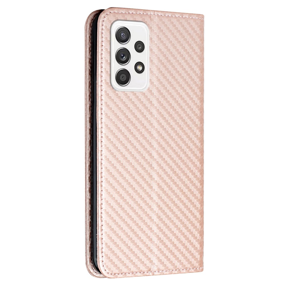 Auto-absorbed Carbon Fiber Texture Stand Wallet Leather Case Cover with Hand Strap for Samsung Galaxy A52 5G / A52s 5G / A52 4G - Rose Gold-3