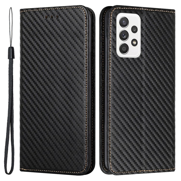 Flip Phone Case Carbon Fiber Texture Stand Wallet Design Auto-absorbed Leather Phone Cover for Samsung Galaxy A72 5G/4G - Black-1