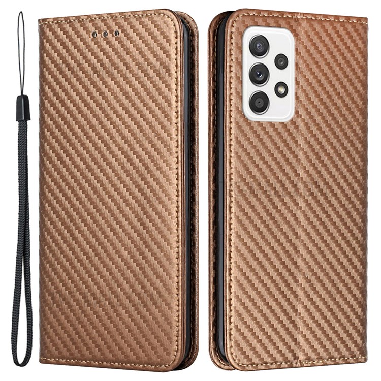 Flip Phone Case Carbon Fiber Texture Stand Wallet Design Auto-absorbed Leather Phone Cover for Samsung Galaxy A72 5G/4G - Brown-1