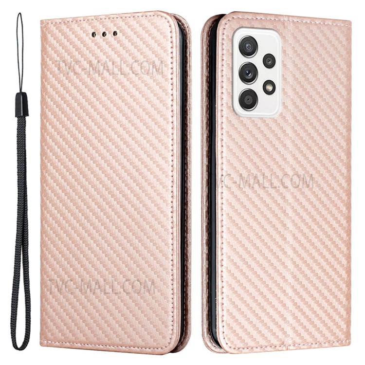 Flip Phone Case Carbon Fiber Texture Stand Wallet Design Auto-absorbed Leather Phone Cover for Samsung Galaxy A72 5G/4G - Rose Gold-1