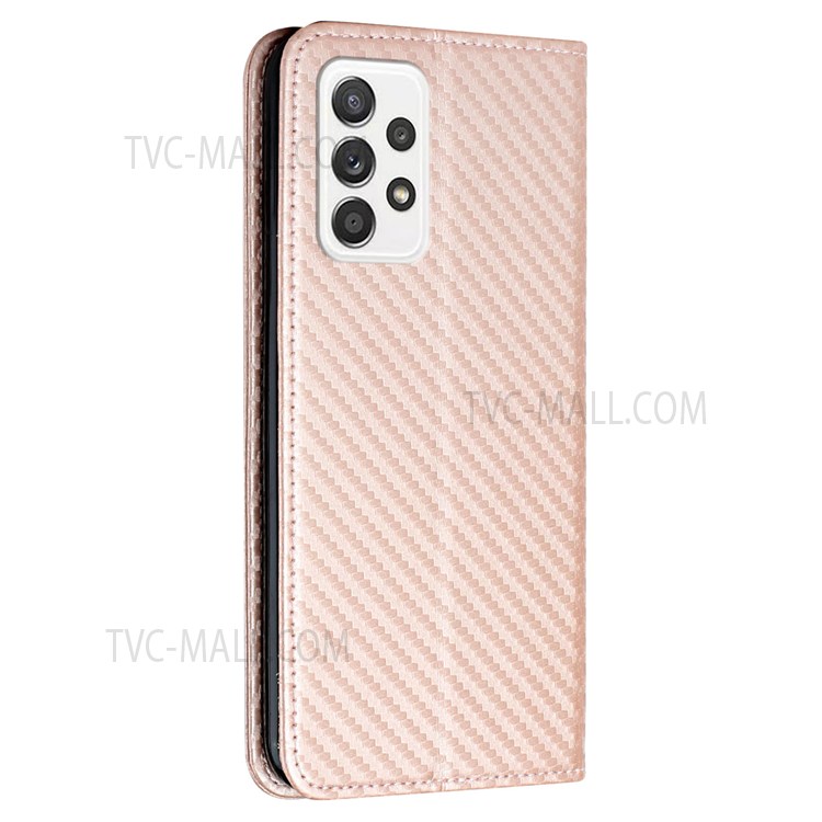 Flip Phone Case Carbon Fiber Texture Stand Wallet Design Auto-absorbed Leather Phone Cover for Samsung Galaxy A72 5G/4G - Rose Gold-3