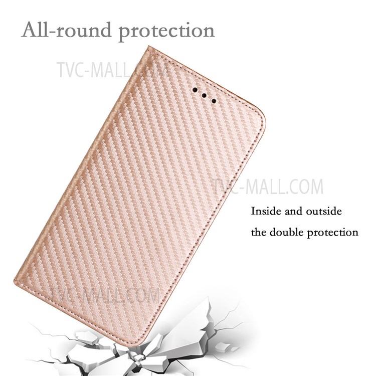 Flip Phone Case Carbon Fiber Texture Stand Wallet Design Auto-absorbed Leather Phone Cover for Samsung Galaxy A72 5G/4G - Rose Gold-7