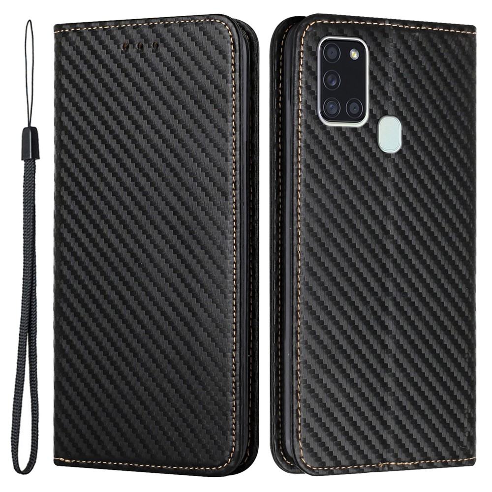 Anti-shock Phone Flip Cover Carbon Fiber Texture Stand Wallet Design Auto-absorbed PU Leather+TPU Phone Case for Samsung Galaxy A21s - Black-1