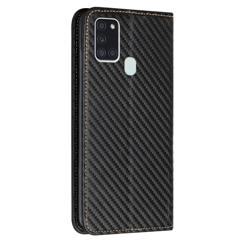 Anti-shock Phone Flip Cover Carbon Fiber Texture Stand Wallet Design Auto-absorbed PU Leather+TPU Phone Case for Samsung Galaxy A21s - Black-3