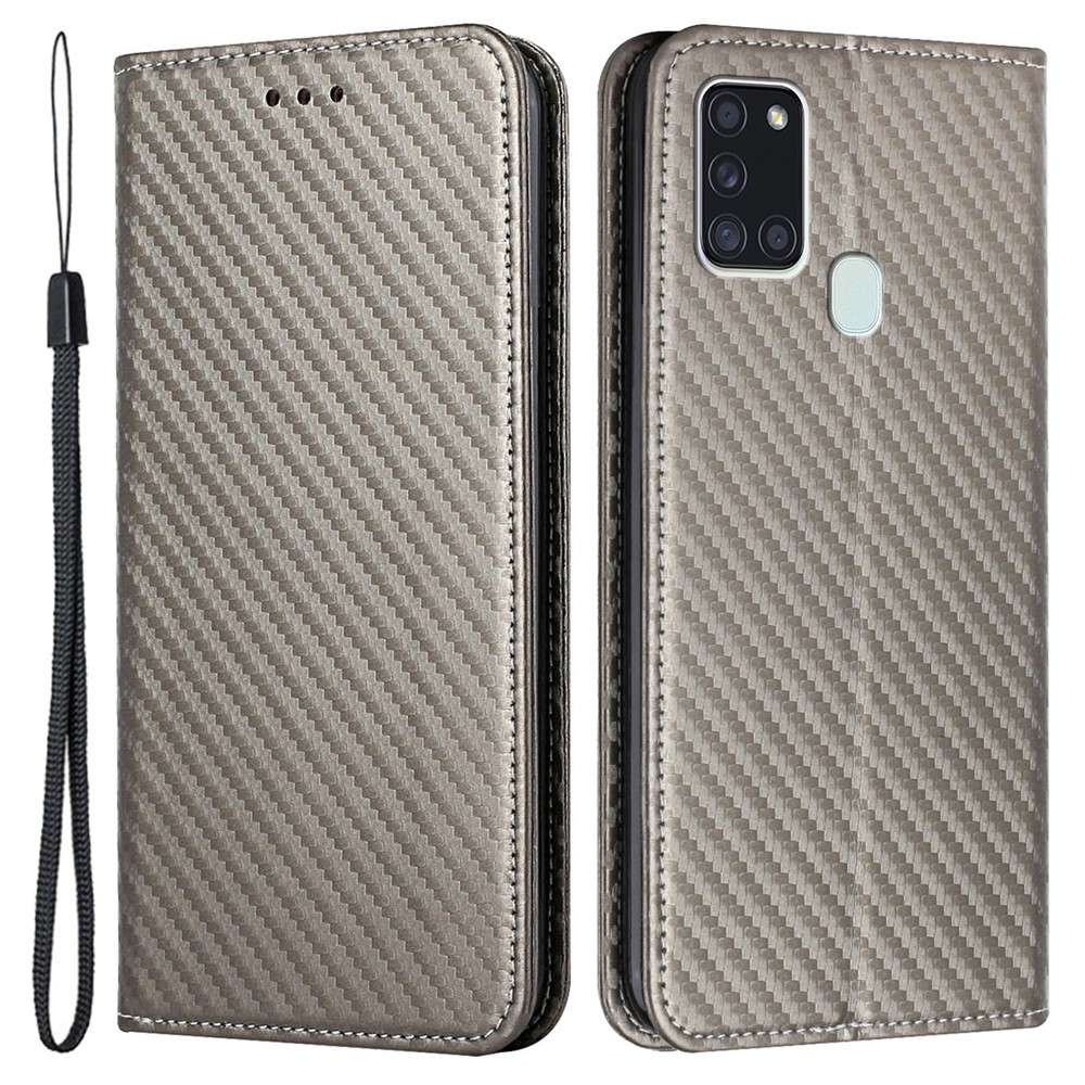 Anti-shock Phone Flip Cover Carbon Fiber Texture Stand Wallet Design Auto-absorbed PU Leather+TPU Phone Case for Samsung Galaxy A21s - Grey-1