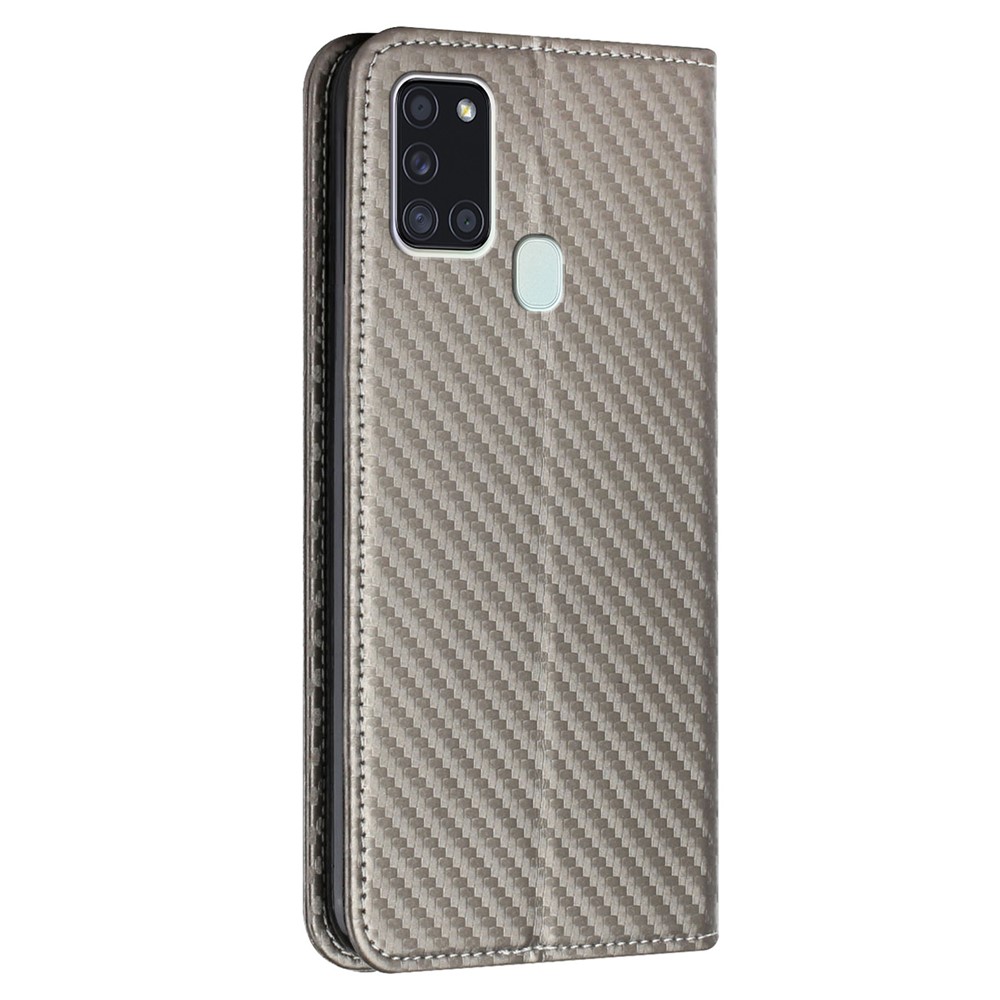 Anti-shock Phone Flip Cover Carbon Fiber Texture Stand Wallet Design Auto-absorbed PU Leather+TPU Phone Case for Samsung Galaxy A21s - Grey-3