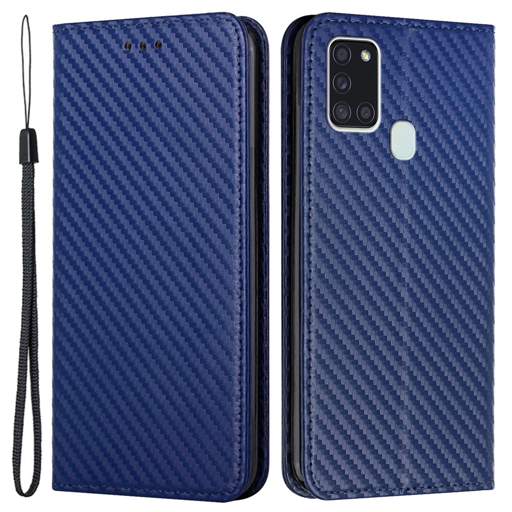 Anti-shock Phone Flip Cover Carbon Fiber Texture Stand Wallet Design Auto-absorbed PU Leather+TPU Phone Case for Samsung Galaxy A21s - Blue-1