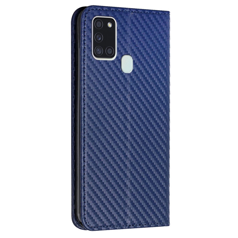 Anti-shock Phone Flip Cover Carbon Fiber Texture Stand Wallet Design Auto-absorbed PU Leather+TPU Phone Case for Samsung Galaxy A21s - Blue-3
