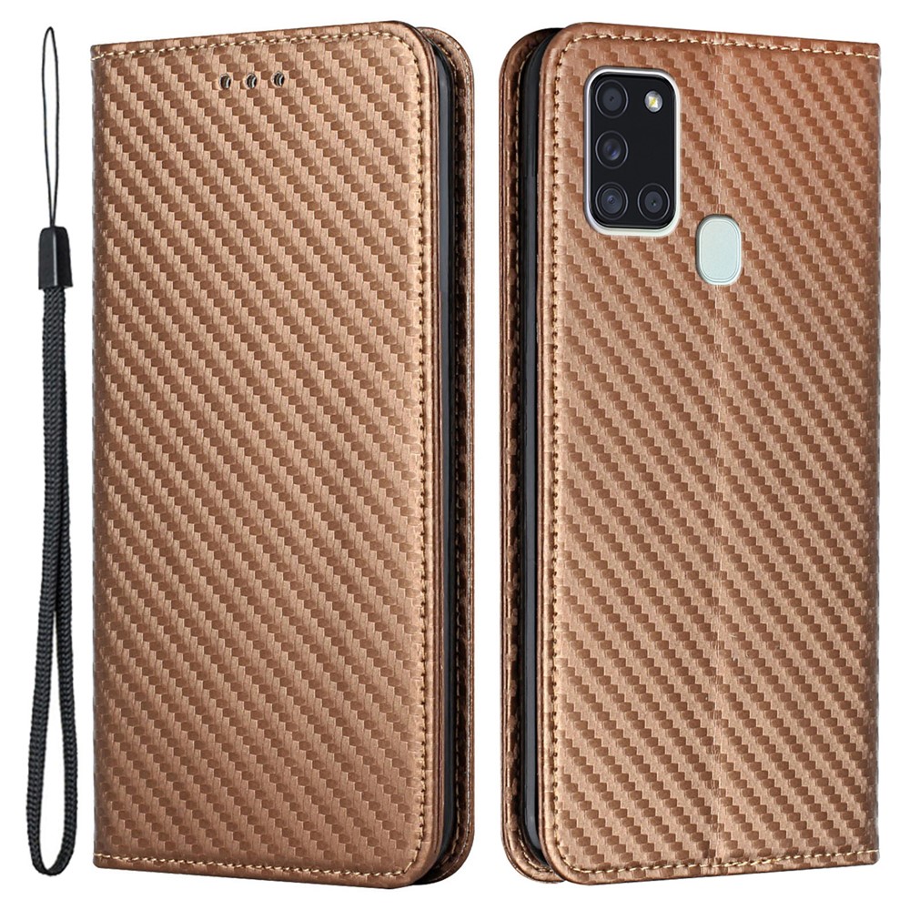 Anti-shock Phone Flip Cover Carbon Fiber Texture Stand Wallet Design Auto-absorbed PU Leather+TPU Phone Case for Samsung Galaxy A21s - Brown-1