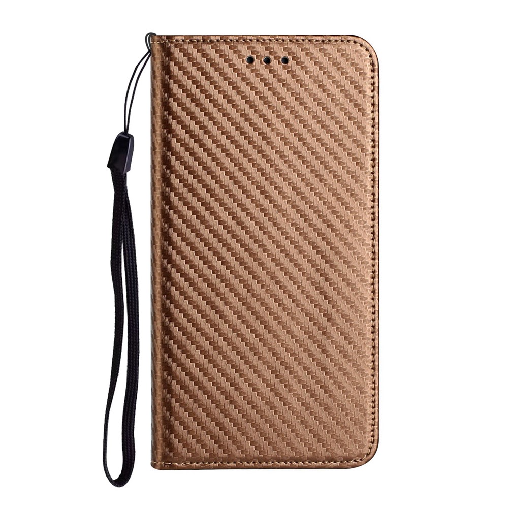 Anti-shock Phone Flip Cover Carbon Fiber Texture Stand Wallet Design Auto-absorbed PU Leather+TPU Phone Case for Samsung Galaxy A21s - Brown-2