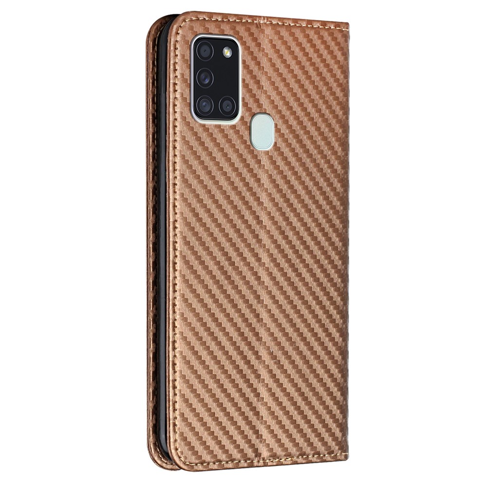 Anti-shock Phone Flip Cover Carbon Fiber Texture Stand Wallet Design Auto-absorbed PU Leather+TPU Phone Case for Samsung Galaxy A21s - Brown-3