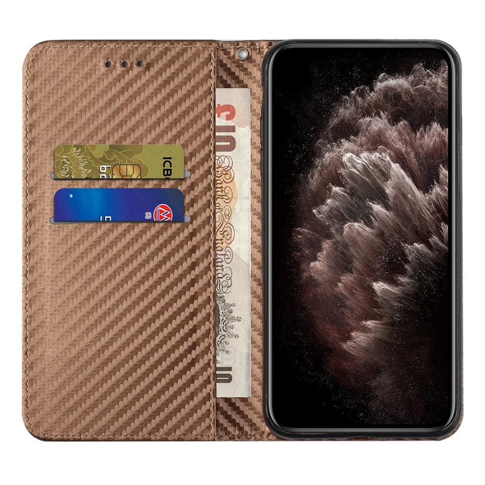 Anti-shock Phone Flip Cover Carbon Fiber Texture Stand Wallet Design Auto-absorbed PU Leather+TPU Phone Case for Samsung Galaxy A21s - Brown-4
