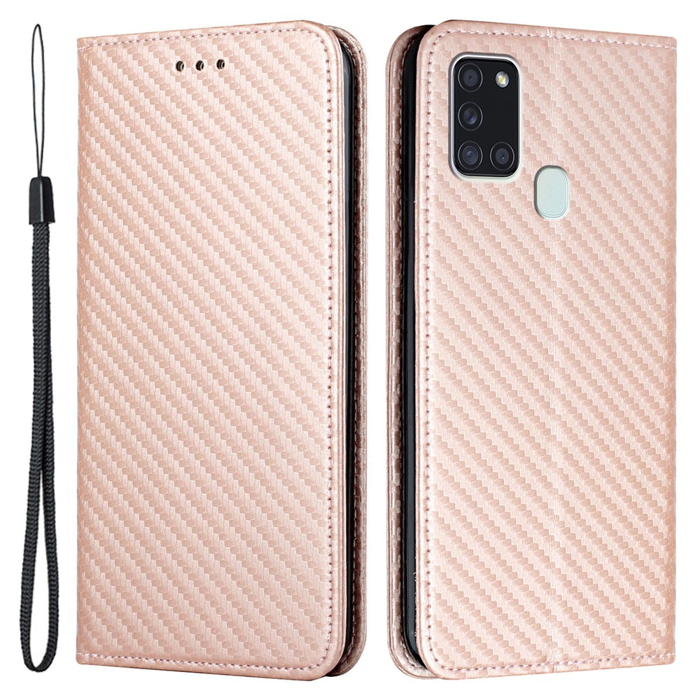 Anti-shock Phone Flip Cover Carbon Fiber Texture Stand Wallet Design Auto-absorbed PU Leather+TPU Phone Case for Samsung Galaxy A21s - Rose Gold-1