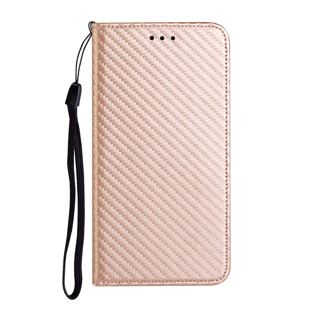 Anti-shock Phone Flip Cover Carbon Fiber Texture Stand Wallet Design Auto-absorbed PU Leather+TPU Phone Case for Samsung Galaxy A21s - Rose Gold-2