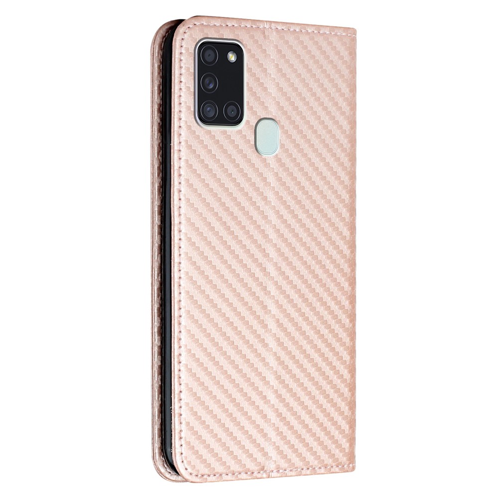 Anti-shock Phone Flip Cover Carbon Fiber Texture Stand Wallet Design Auto-absorbed PU Leather+TPU Phone Case for Samsung Galaxy A21s - Rose Gold-3