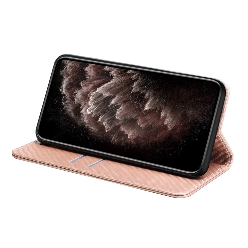 Anti-shock Phone Flip Cover Carbon Fiber Texture Stand Wallet Design Auto-absorbed PU Leather+TPU Phone Case for Samsung Galaxy A21s - Rose Gold-5