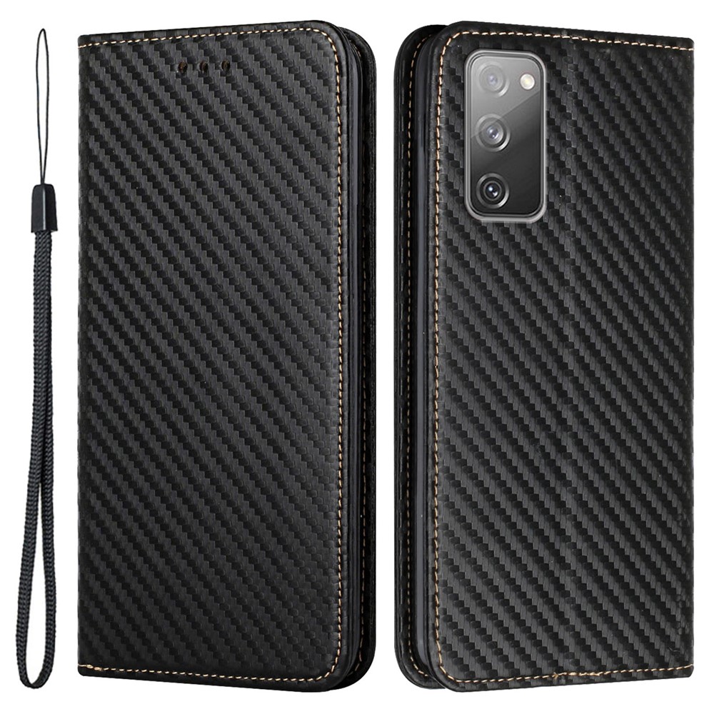 Wallet Design Carbon Fiber Texture Stand Auto-absorbed Leather Case Cover with Hand Strap for Samsung Galaxy S20 FE 4G/5G - Black-1