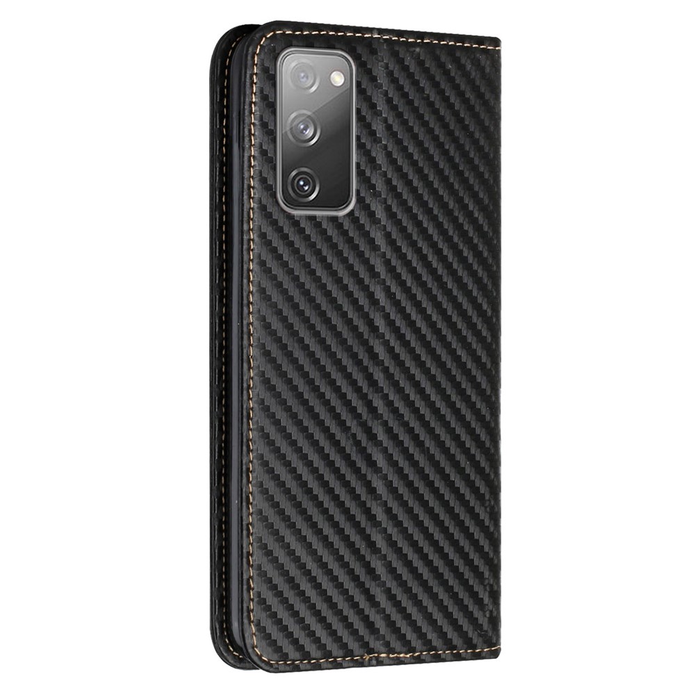 Wallet Design Carbon Fiber Texture Stand Auto-absorbed Leather Case Cover with Hand Strap for Samsung Galaxy S20 FE 4G/5G - Black-3