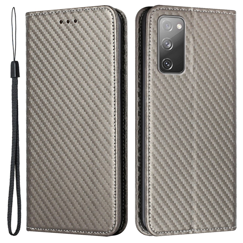 Wallet Design Carbon Fiber Texture Stand Auto-absorbed Leather Case Cover with Hand Strap for Samsung Galaxy S20 FE 4G/5G - Grey-1