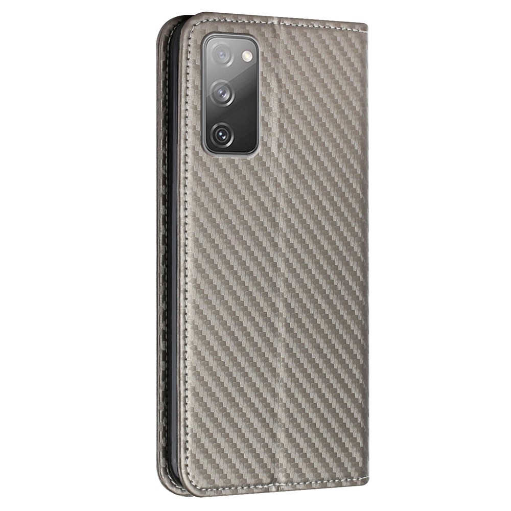 Wallet Design Carbon Fiber Texture Stand Auto-absorbed Leather Case Cover with Hand Strap for Samsung Galaxy S20 FE 4G/5G - Grey-3