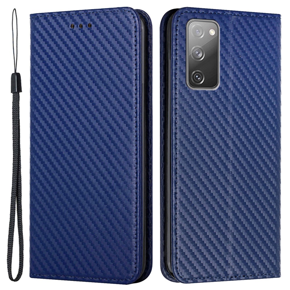 Wallet Design Carbon Fiber Texture Stand Auto-absorbed Leather Case Cover with Hand Strap for Samsung Galaxy S20 FE 4G/5G - Blue-1