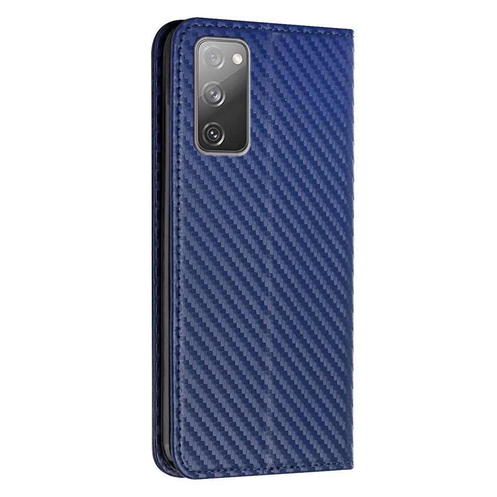 Wallet Design Carbon Fiber Texture Stand Auto-absorbed Leather Case Cover with Hand Strap for Samsung Galaxy S20 FE 4G/5G - Blue-3